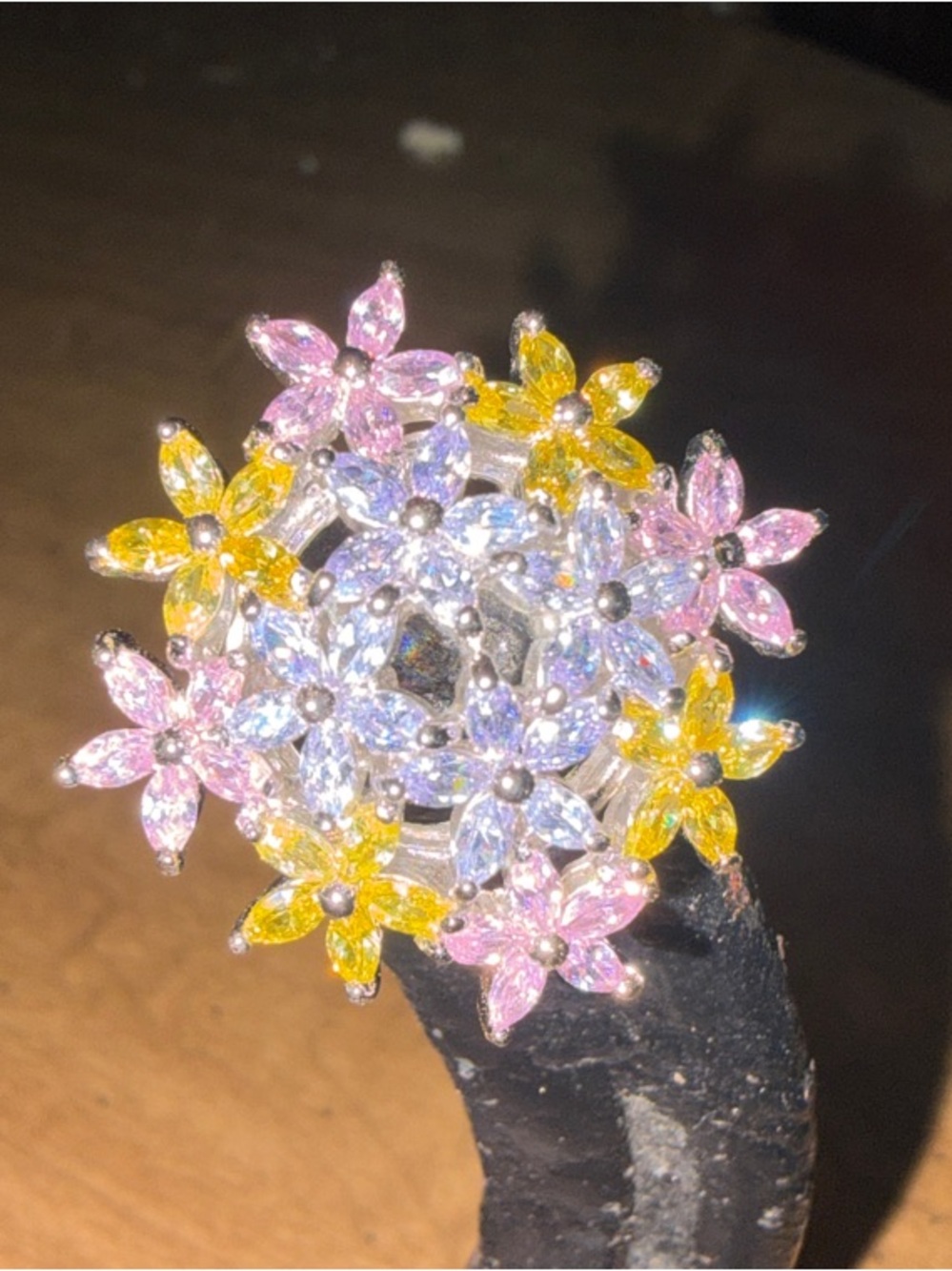 Multicolor Flower Cluster Ring - Pink, Yellow, Purple Sparkle